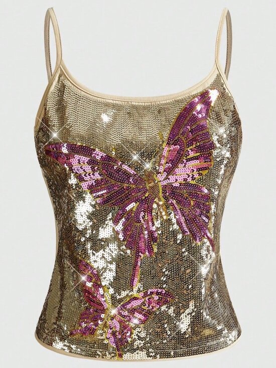 Tops - Multicolor Women's Sequin Butterfly Print cami top